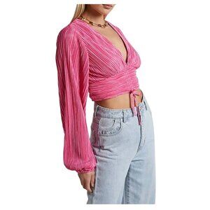 Showpo. Womens Pleated Pink Long Sleeve Crop Top With Drawstring Detail US 14